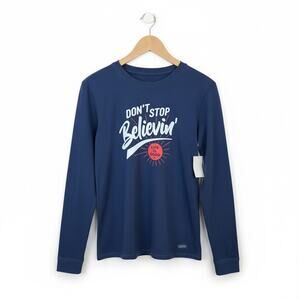 NWT Life is Good Women’s Sz M Crusher Lite Tee Don't Stop Believin” Cotton Blue